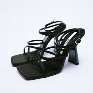 Zara Black Satin Strappy Lace Up Square Toe Heel